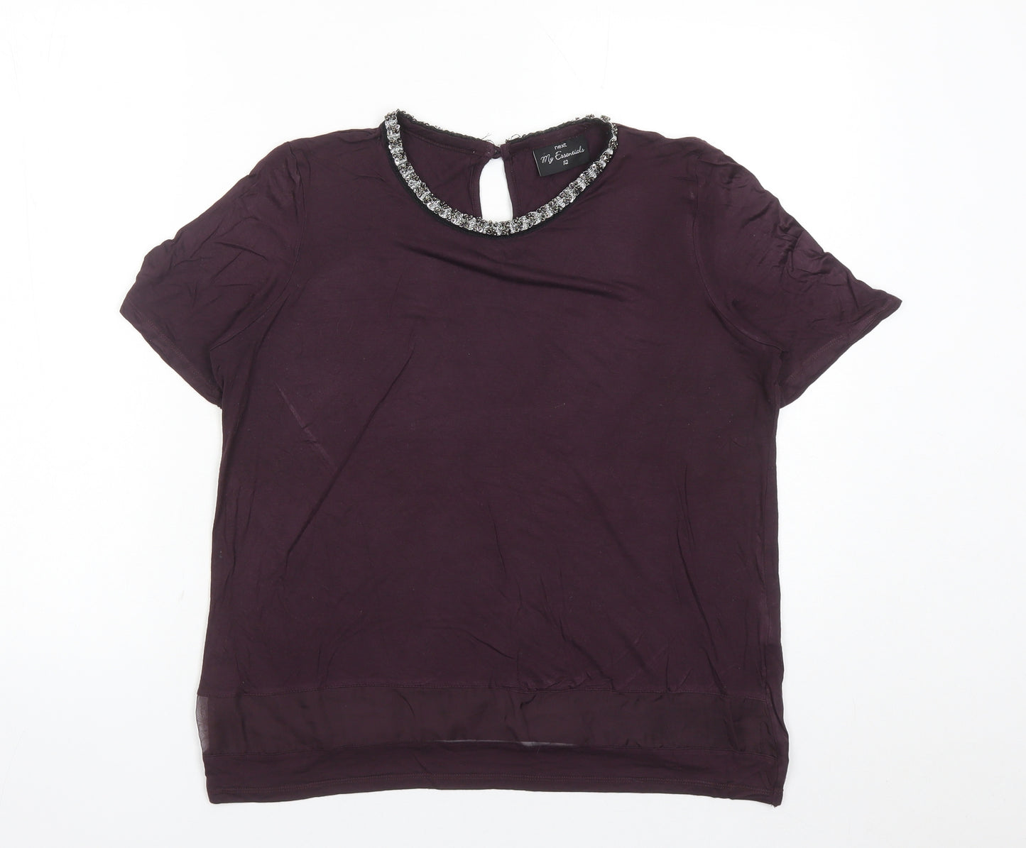 NEXT Womens Purple Viscose Basic T-Shirt Size 12 Round Neck - Beaded Neckline