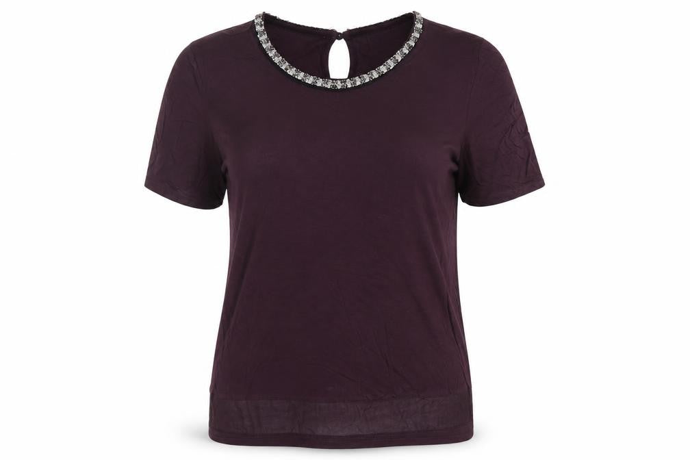 Front view of Next women’s purple viscose basic t-shirt, size UK 12, round neck - beaded neckline