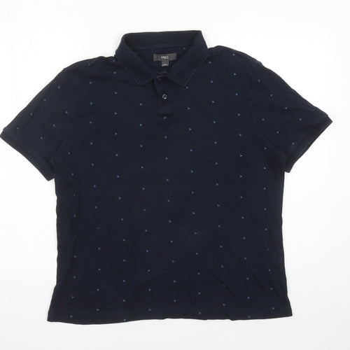 Marks and Spencer Mens Blue Geometric Cotton Polo Size L Collared Button