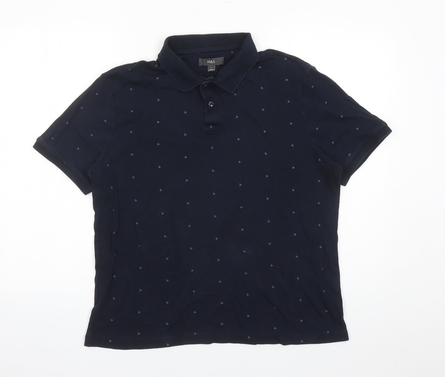 Marks and Spencer Mens Blue Geometric Cotton Polo Size L Collared Button