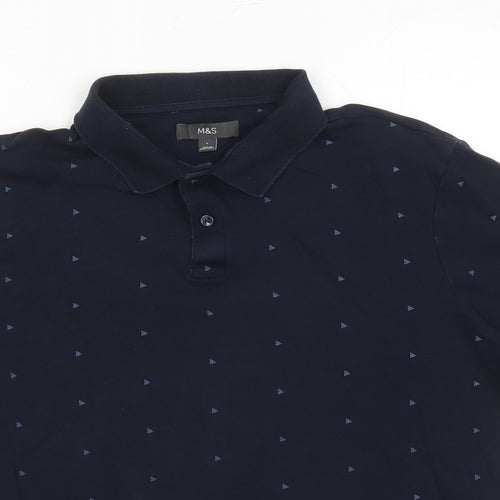 Marks and Spencer Mens Blue Geometric Cotton Polo Size L Collared Button