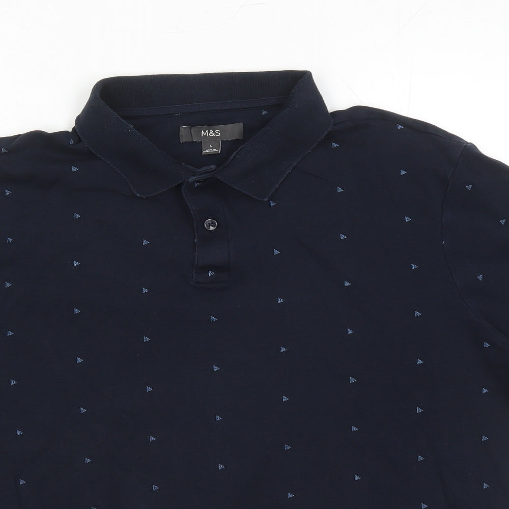 Marks and Spencer Mens Blue Geometric Cotton Polo Size L Collared Button