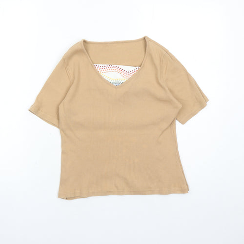 St Michael Womens Brown Polyester Basic T-Shirt Size 14 Square Neck - Embroidered Detail Vintage