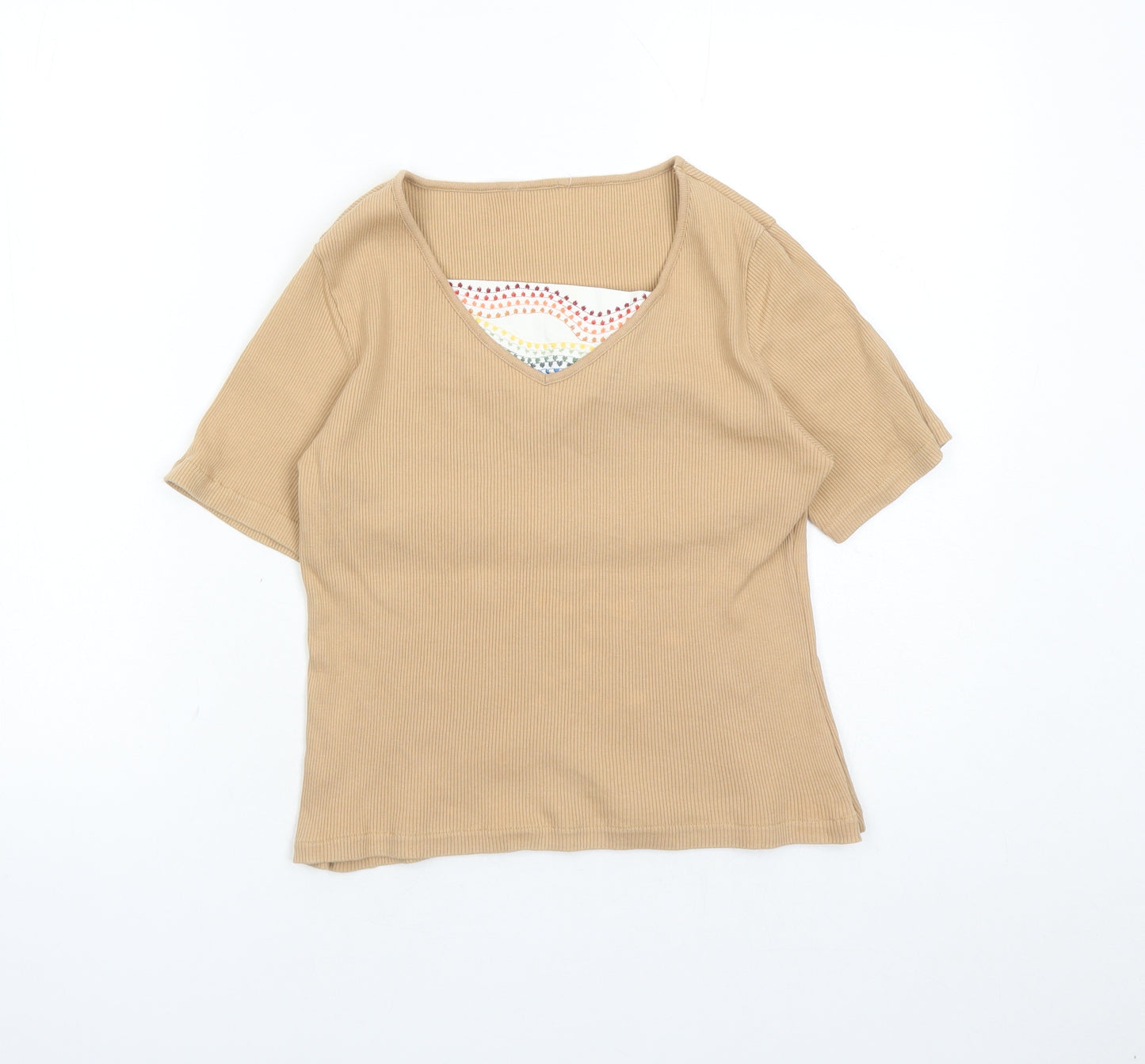 St Michael Womens Brown Polyester Basic T-Shirt Size 14 Square Neck - Embroidered Detail Vintage