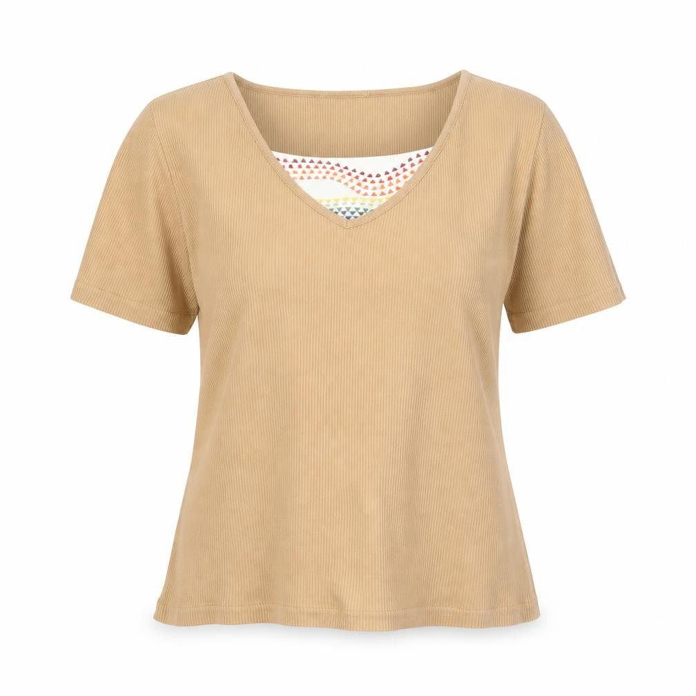 Front view of St Michael women’s brown polyester basic t-shirt, size UK 14, square neck - embroidered detail vintage