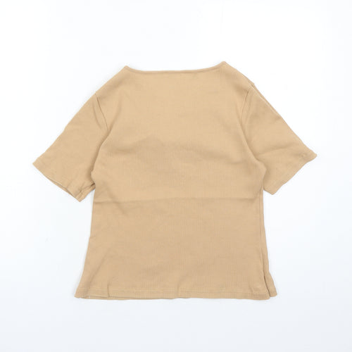 St Michael Womens Brown Polyester Basic T-Shirt Size 14 Square Neck - Embroidered Detail Vintage
