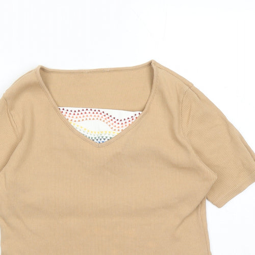St Michael Womens Brown Polyester Basic T-Shirt Size 14 Square Neck - Embroidered Detail Vintage