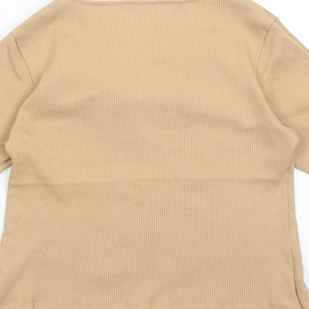 St Michael Womens Brown Polyester Basic T-Shirt Size 14 Square Neck - Embroidered Detail Vintage