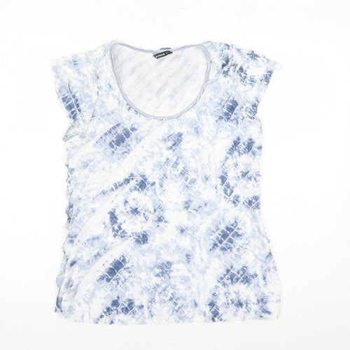 Roman Womens Blue Geometric Polyester Basic T-Shirt Size 14 Round Neck