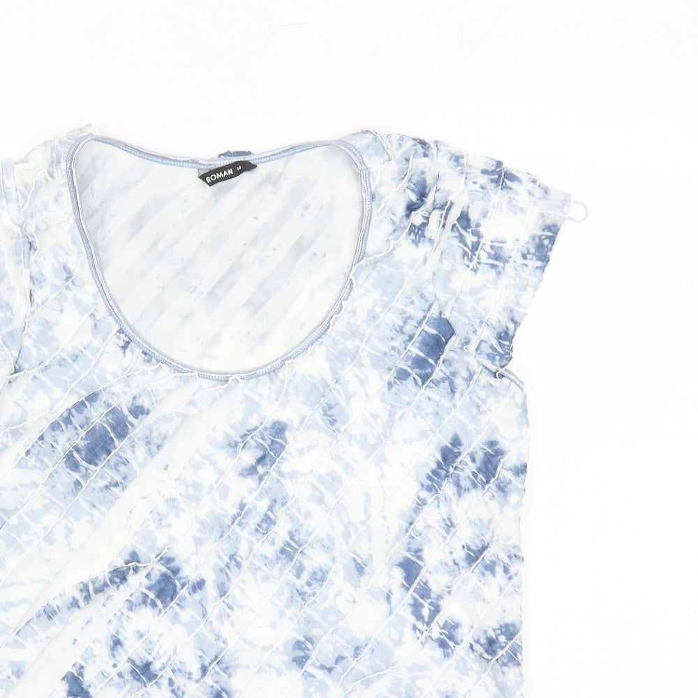 Roman Womens Blue Geometric Polyester Basic T-Shirt Size 14 Round Neck