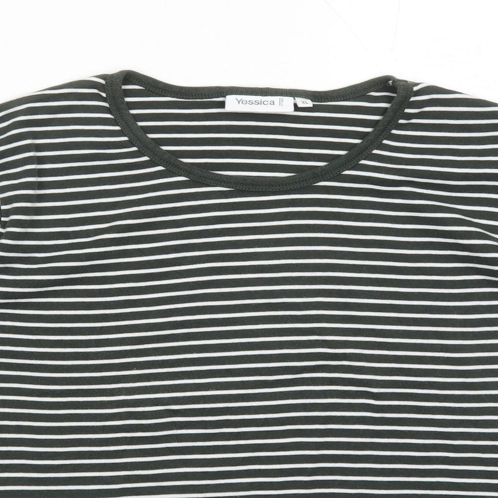 Yessica Womens Green Striped 100% Cotton Basic T-Shirt Size XL Round Neck