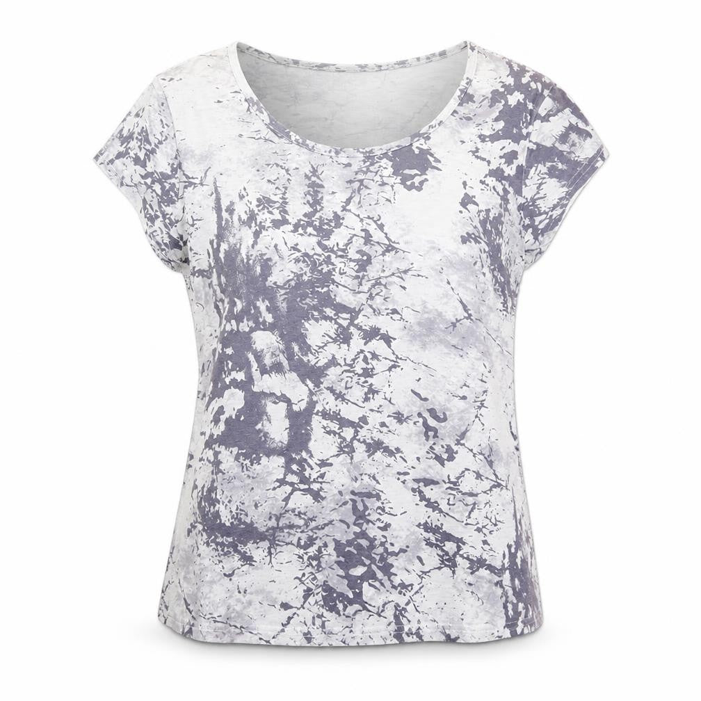 Front view of C M D women’s grey geometric viscose basic t-shirt, size UK 14, round neck