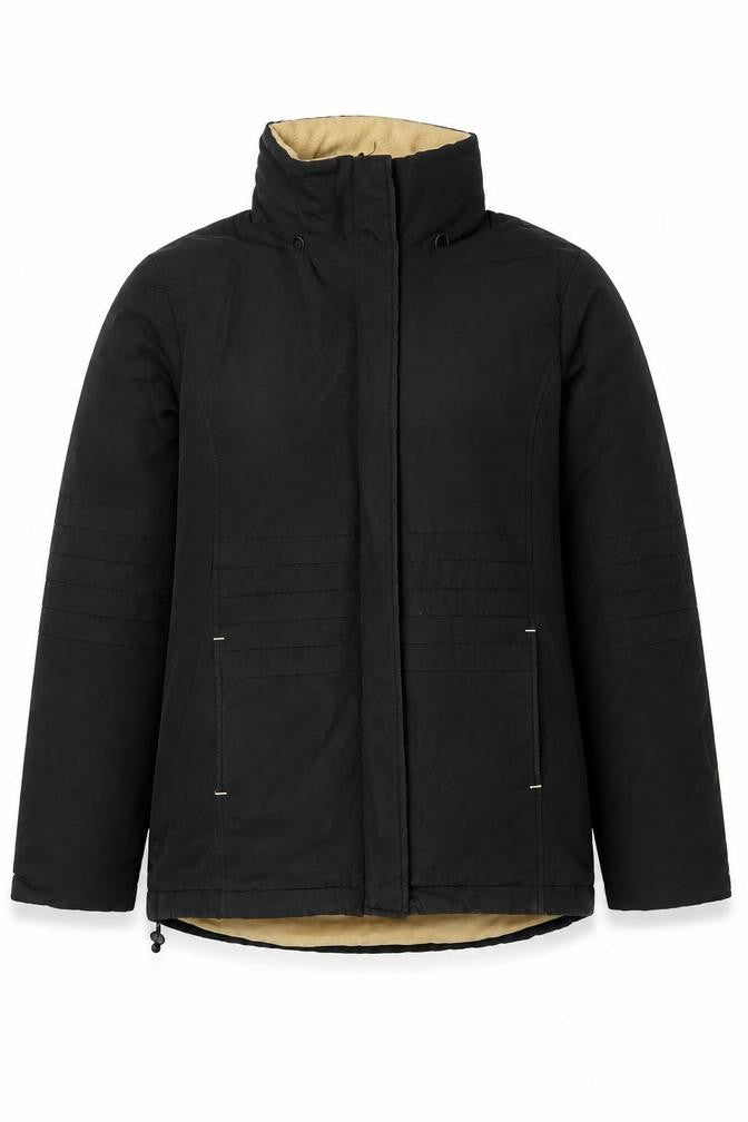 Front view of peter st women’s black anorak coat, size UK 10, zip - pockets