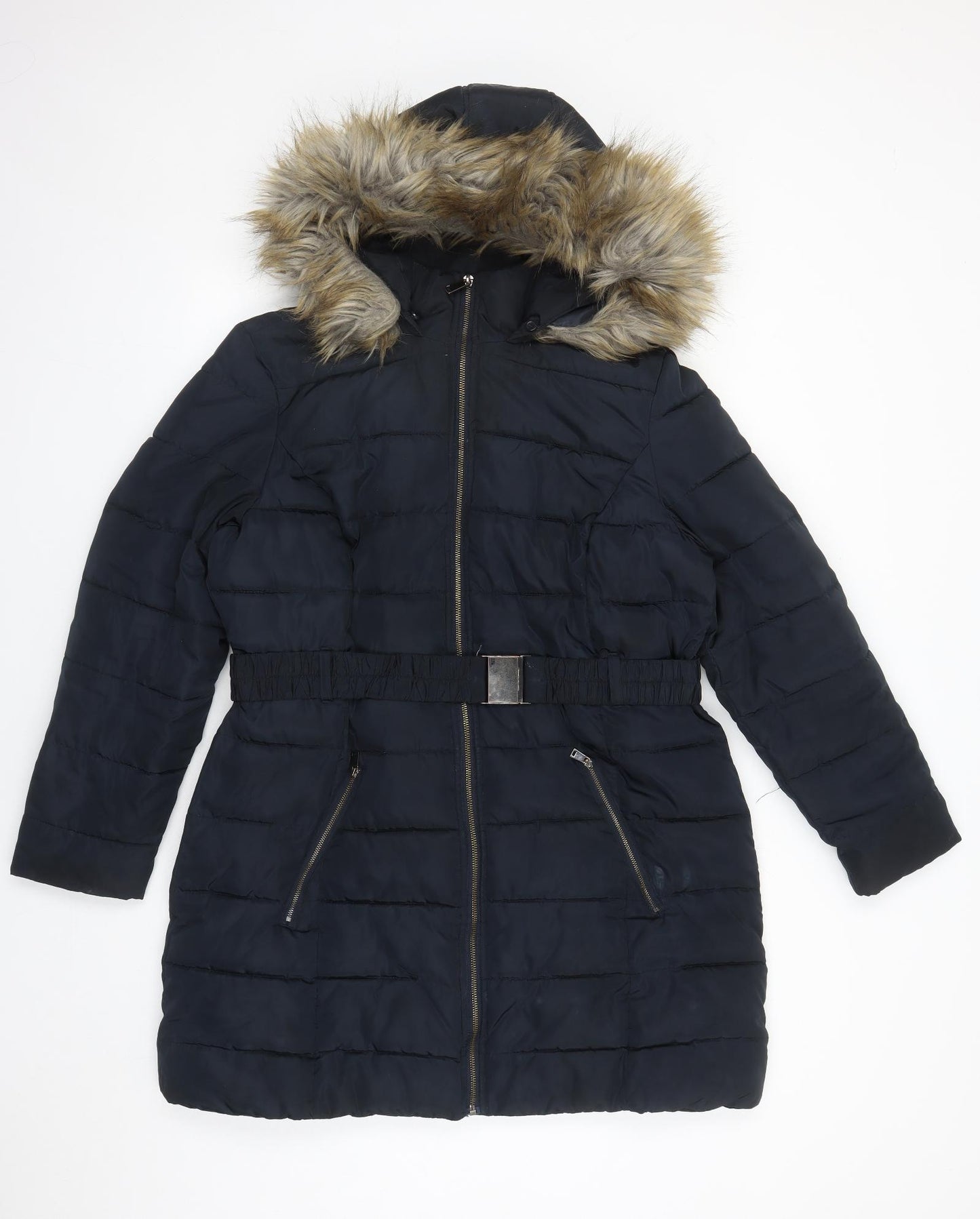 Dorothy Perkins Womens Blue Parka Coat Size 16 Zip - Detachable Hood Pockets Padded