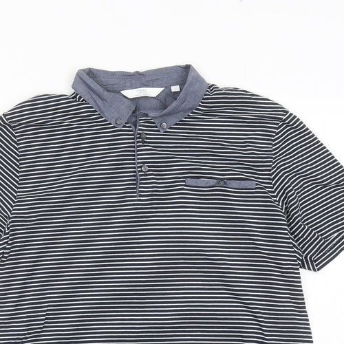 NEXT Mens Black Striped Cotton Polo Size L Collared Button