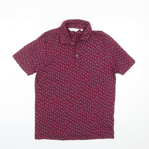 NEXT Mens Red Geometric Cotton Polo Size S Collared Button - Christmas Tree