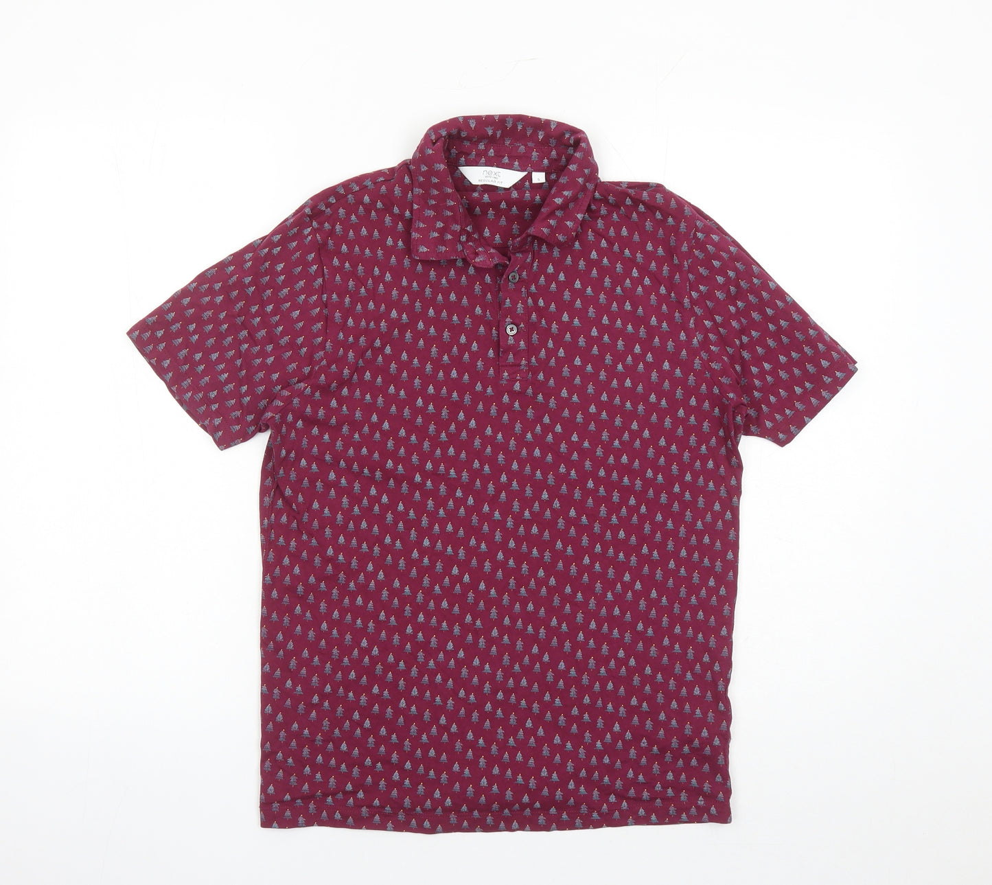 NEXT Mens Red Geometric Cotton Polo Size S Collared Button - Christmas Tree