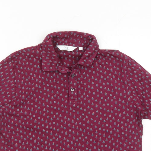 NEXT Mens Red Geometric Cotton Polo Size S Collared Button - Christmas Tree