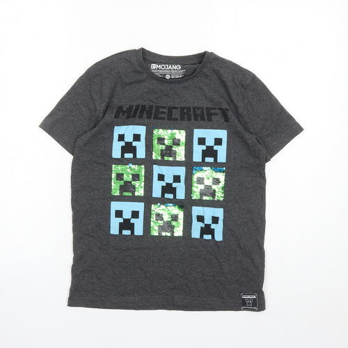 Mojang Boys Grey Cotton Basic T-Shirt Size 10 Years Round Neck Pullover - Minecraft Sequin Detail