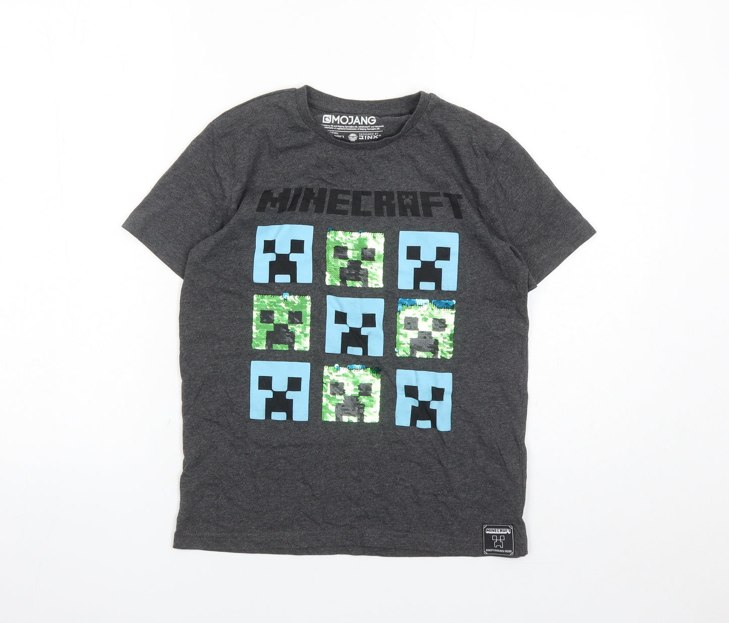 Mojang Boys Grey Cotton Basic T-Shirt Size 10 Years Round Neck Pullover - Minecraft Sequin Detail