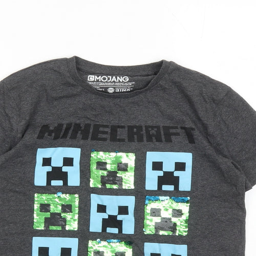 Mojang Boys Grey Cotton Basic T-Shirt Size 10 Years Round Neck Pullover - Minecraft Sequin Detail