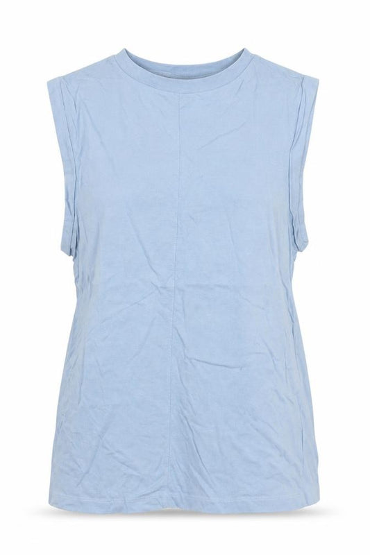 Front view of ASOS women’s blue 100% cotton basic tank, size UK 6, round neck