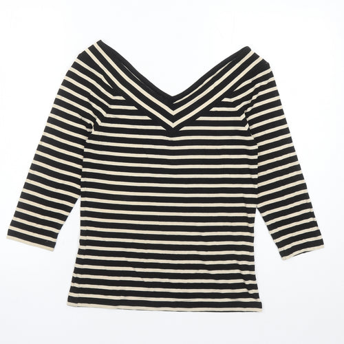 Madeleine Womens Black Striped Polyester Basic T-Shirt Size 8 Collared