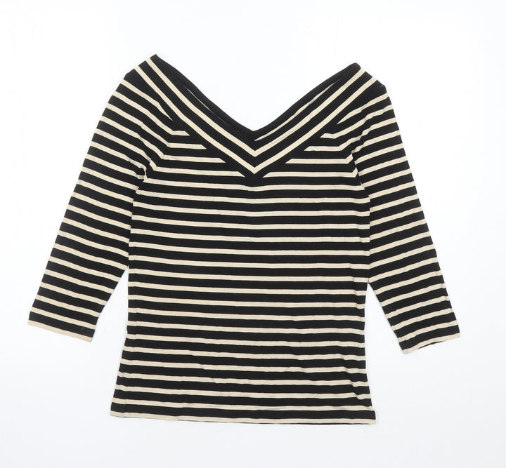 Madeleine Womens Black Striped Polyester Basic T-Shirt Size 8 Collared
