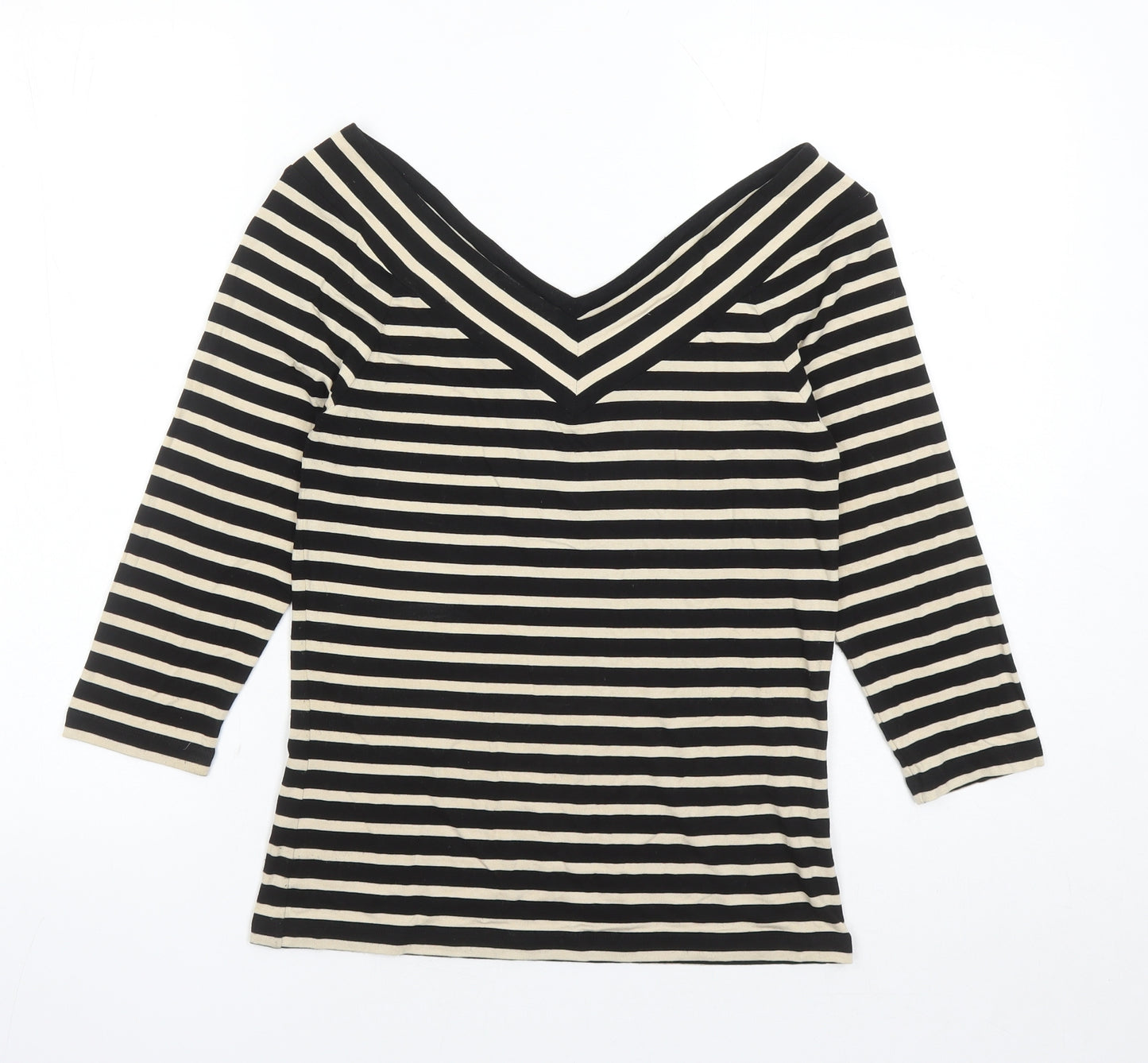Madeleine Womens Black Striped Polyester Basic T-Shirt Size 8 Collared