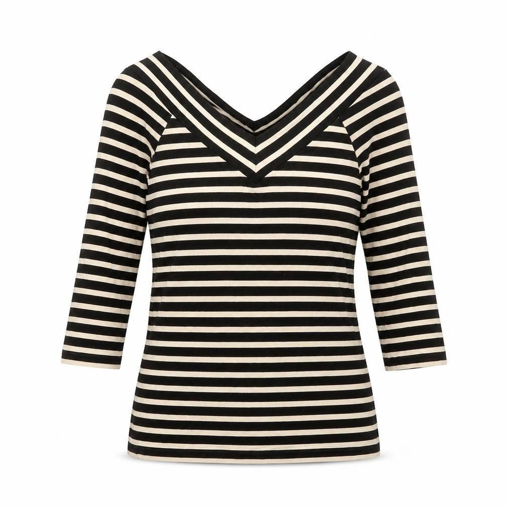 Front view of Madeleine women’s black striped polyester basic t-shirt, size UK 8, collared