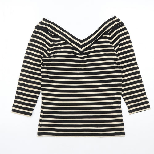 Madeleine Womens Black Striped Polyester Basic T-Shirt Size 8 Collared
