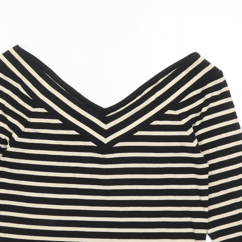 Madeleine Womens Black Striped Polyester Basic T-Shirt Size 8 Collared