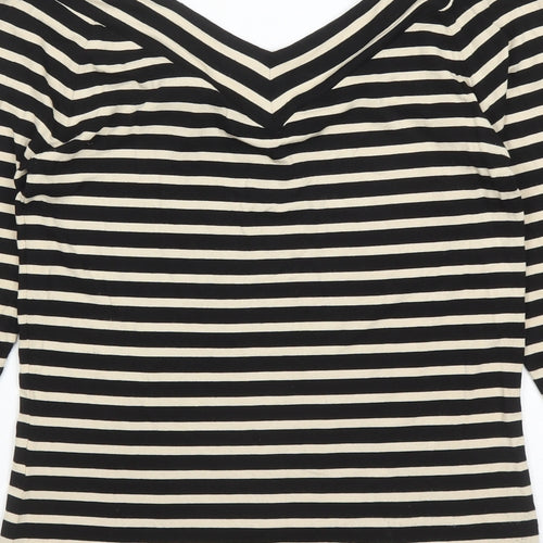 Madeleine Womens Black Striped Polyester Basic T-Shirt Size 8 Collared