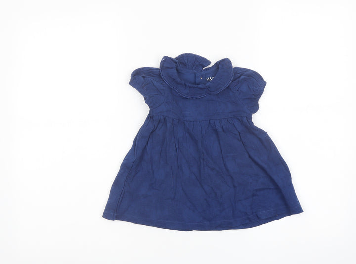 Marks and Spencer Girls Blue Cotton A-Line Size 3-6 Months Collared Button