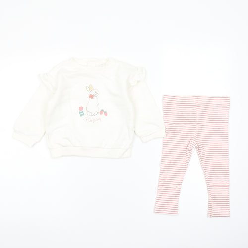 Marks and Spencer Girls White Striped Cotton Trousers Outfit/Set Size 12-18 Months Snap