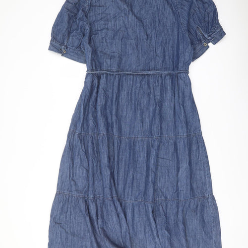 Marks and Spencer Womens Blue Cotton A-Line Size 18 V-Neck Button