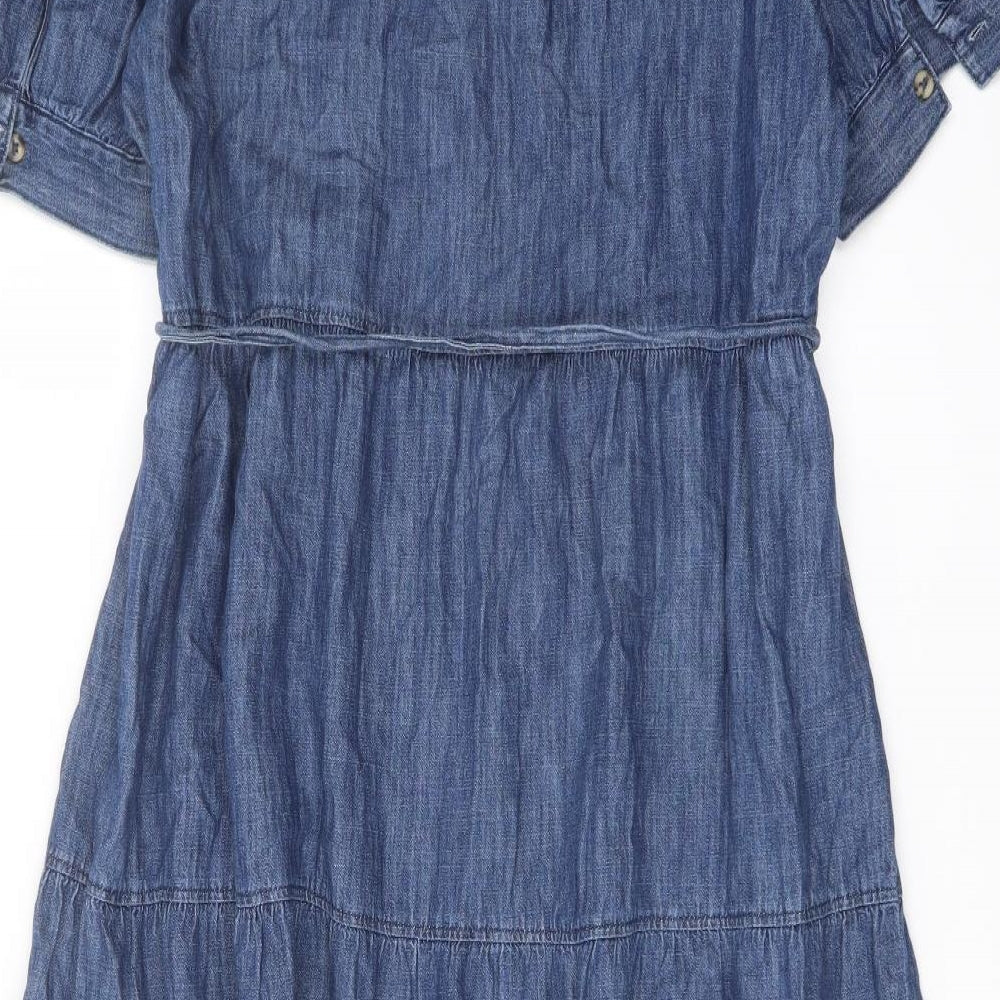 Marks and Spencer Womens Blue Cotton A-Line Size 18 V-Neck Button