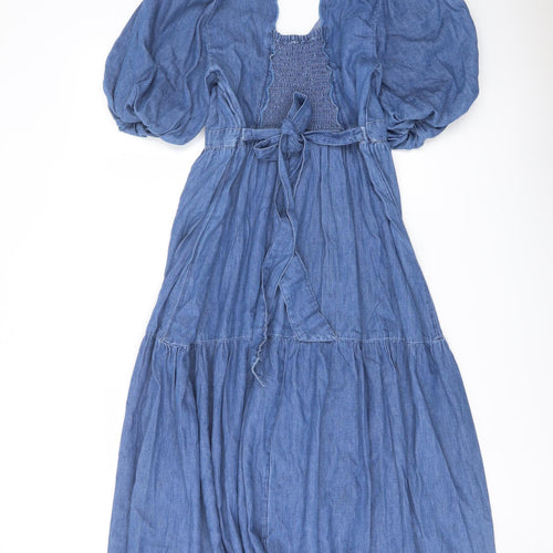 Marks and Spencer Womens Blue Cotton A-Line Size 10 V-Neck Button