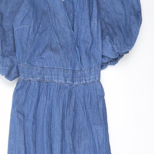 Marks and Spencer Womens Blue Cotton A-Line Size 10 V-Neck Button