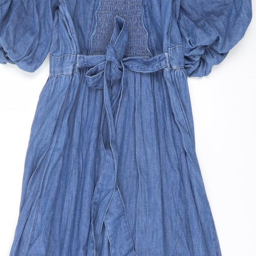 Marks and Spencer Womens Blue Cotton A-Line Size 10 V-Neck Button