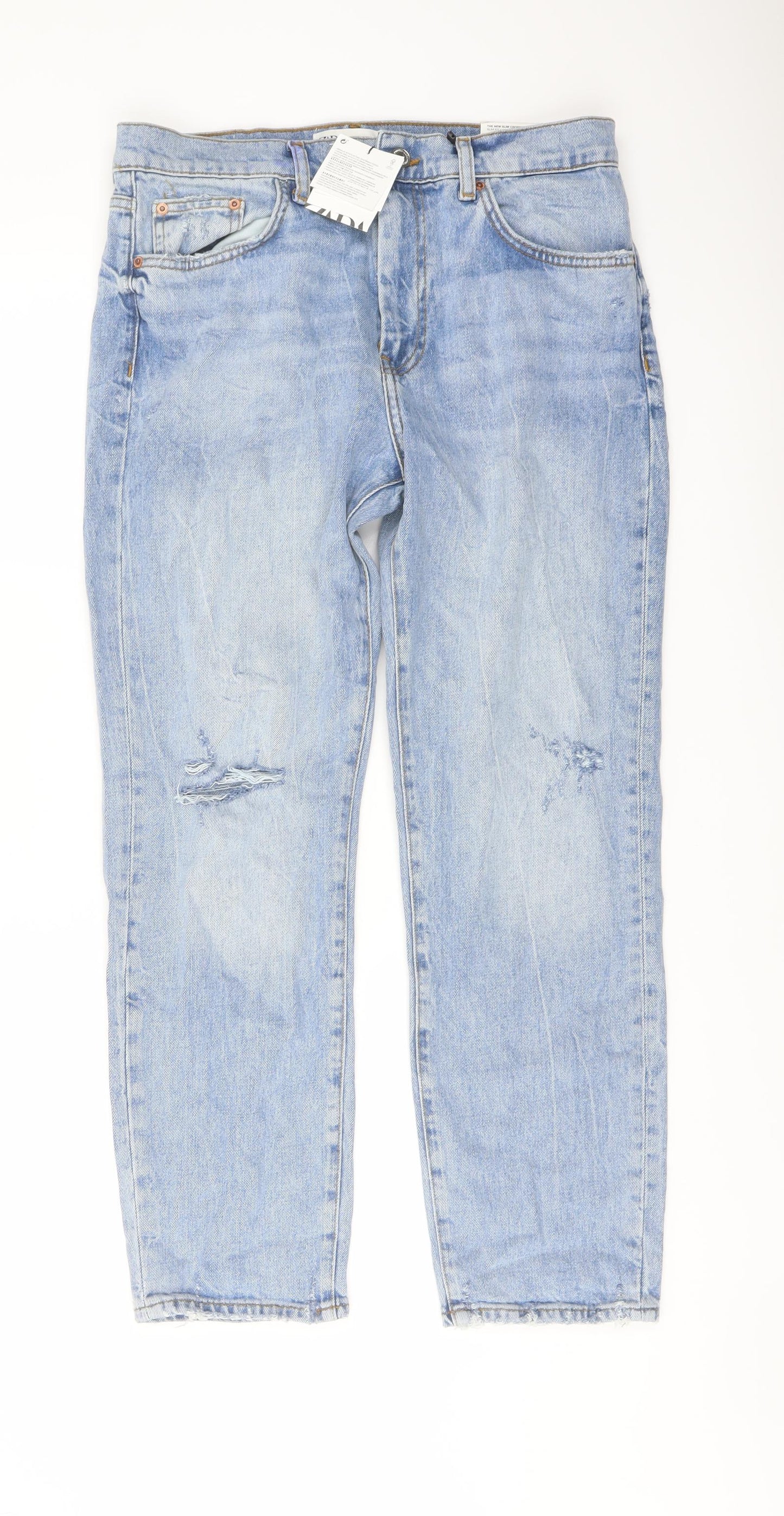 Zara Womens Blue Cotton Cropped Jeans Size 12 L27 in Regular Button