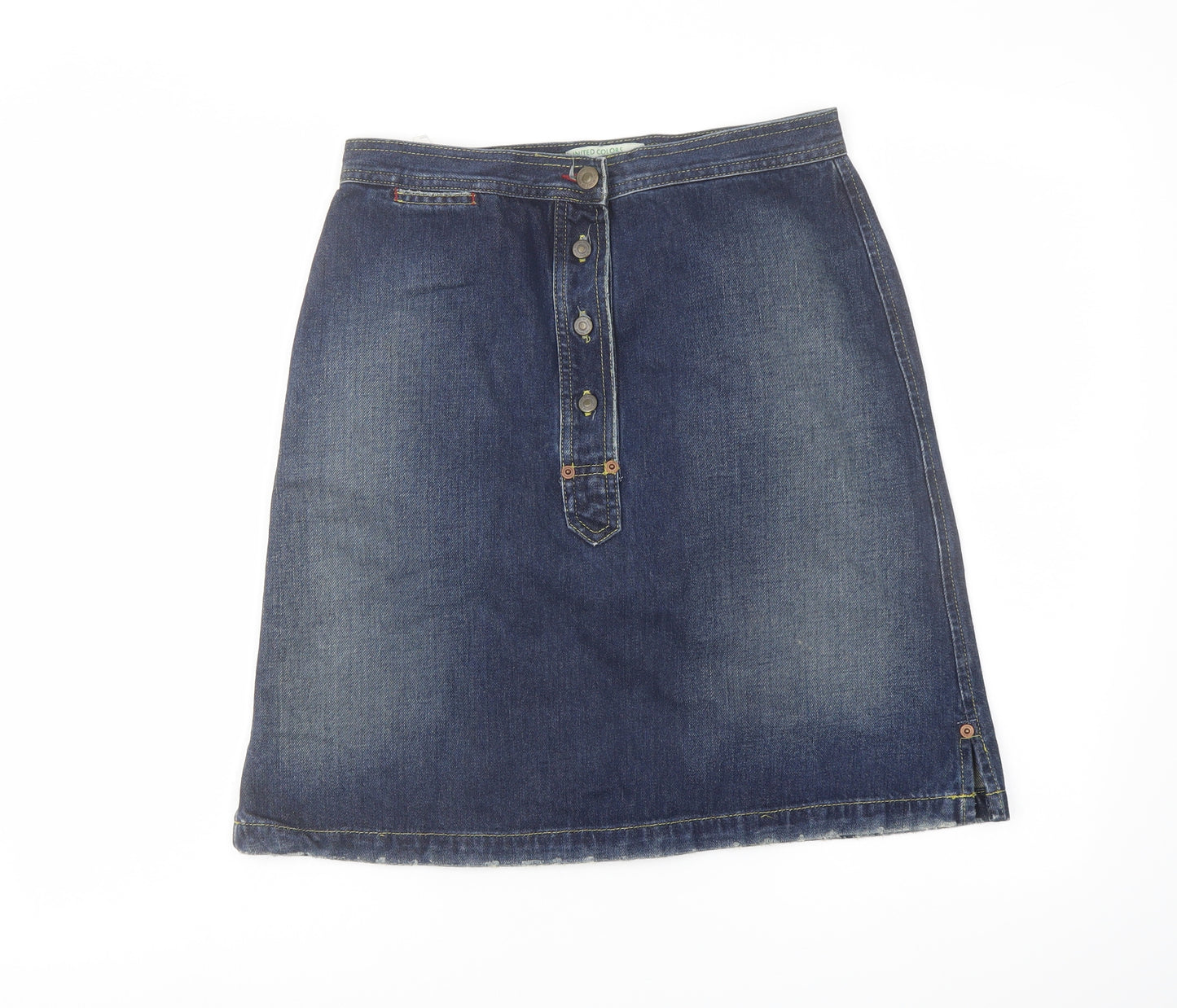 United Colors of Benetton Womens Blue Cotton A-Line Skirt Size 12 Button