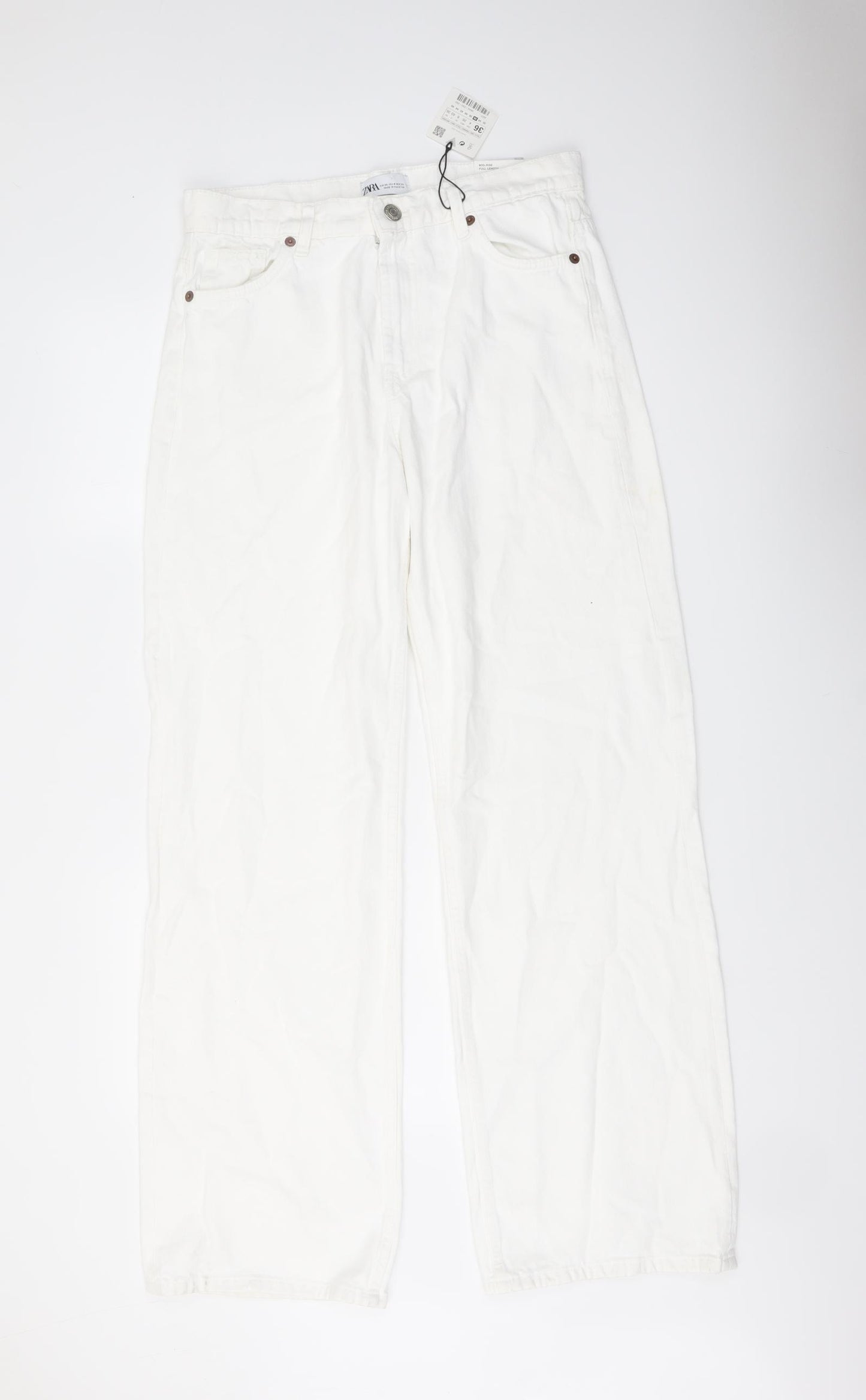 Zara Womens White Cotton Wide-Leg Jeans Size 8 L32 in Regular Button