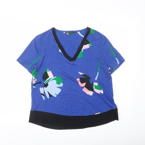 Marks and Spencer Womens Blue Geometric Polyester Basic T-Shirt Size 10 V-Neck