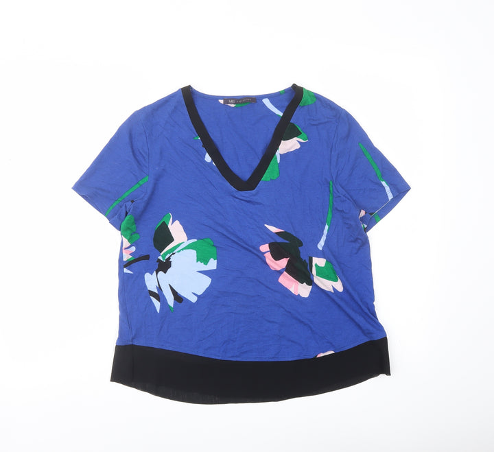 Marks and Spencer Womens Blue Geometric Polyester Basic T-Shirt Size 10 V-Neck