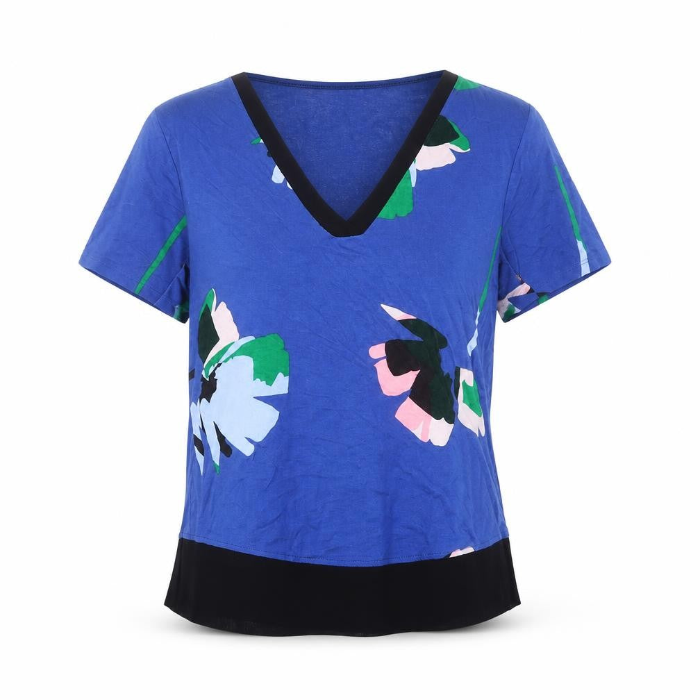 Front view of Marks & Spencer women’s blue geometric polyester basic t-shirt, size UK 10, v-neck