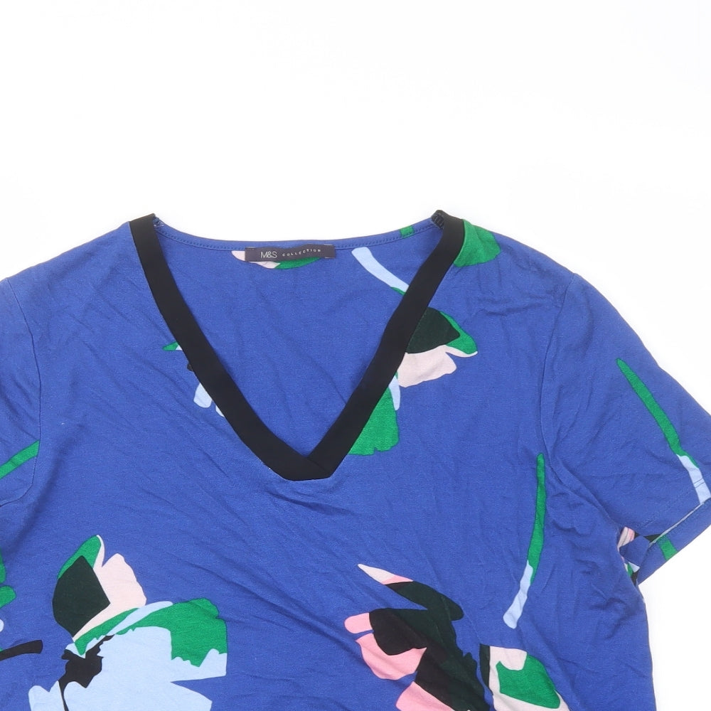 Marks and Spencer Womens Blue Geometric Polyester Basic T-Shirt Size 10 V-Neck