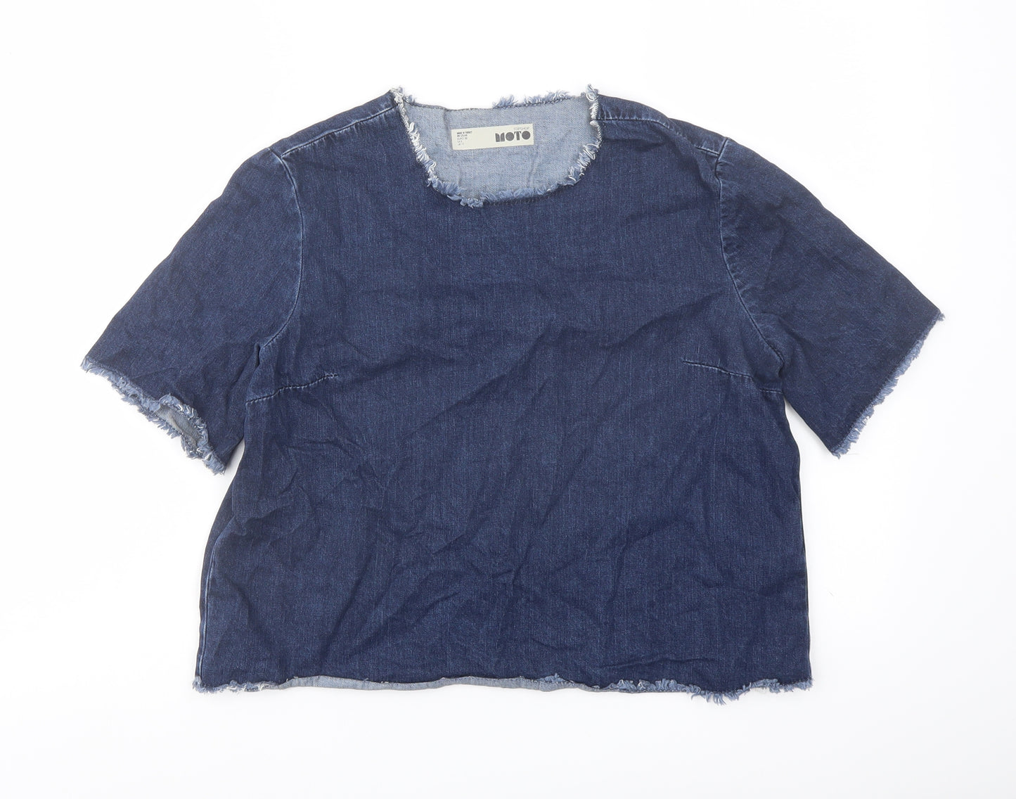 Topshop Womens Blue Cotton Basic Blouse Size 10 Crew Neck
