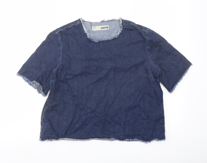 Topshop Womens Blue Cotton Basic Blouse Size 10 Crew Neck