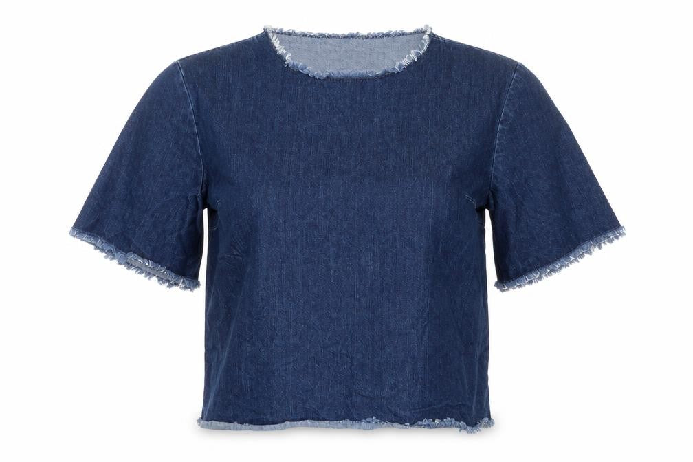 Front view of Topshop women’s blue cotton basic blouse, size UK 10, crew neck